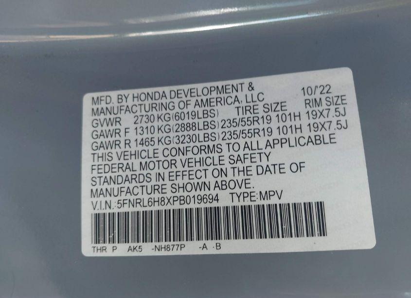 Photo 9 of 2023 Honda Odyssey TOURING (VIN 5FNRL6H8XPB019694)