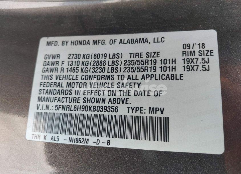 Photo 9 of 2019 Honda Odyssey ELITE (VIN 5FNRL6H90KB039356)