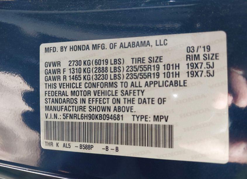 Photo 9 of 2019 Honda Odyssey ELITE (VIN 5FNRL6H90KB094681)