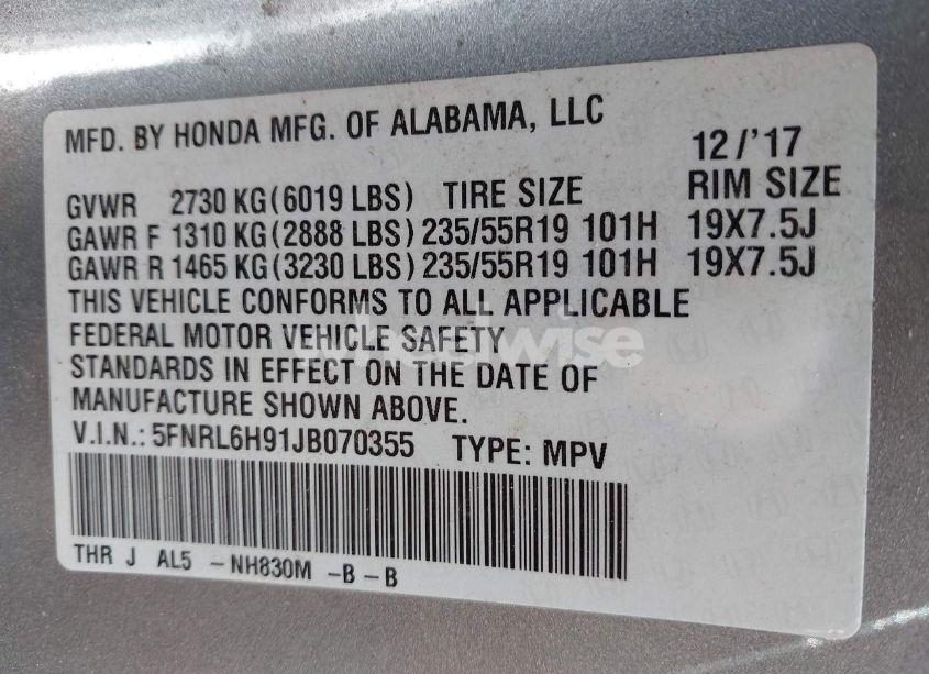 Photo 9 of 2018 Honda Odyssey ELITE (VIN 5FNRL6H91JB070355)