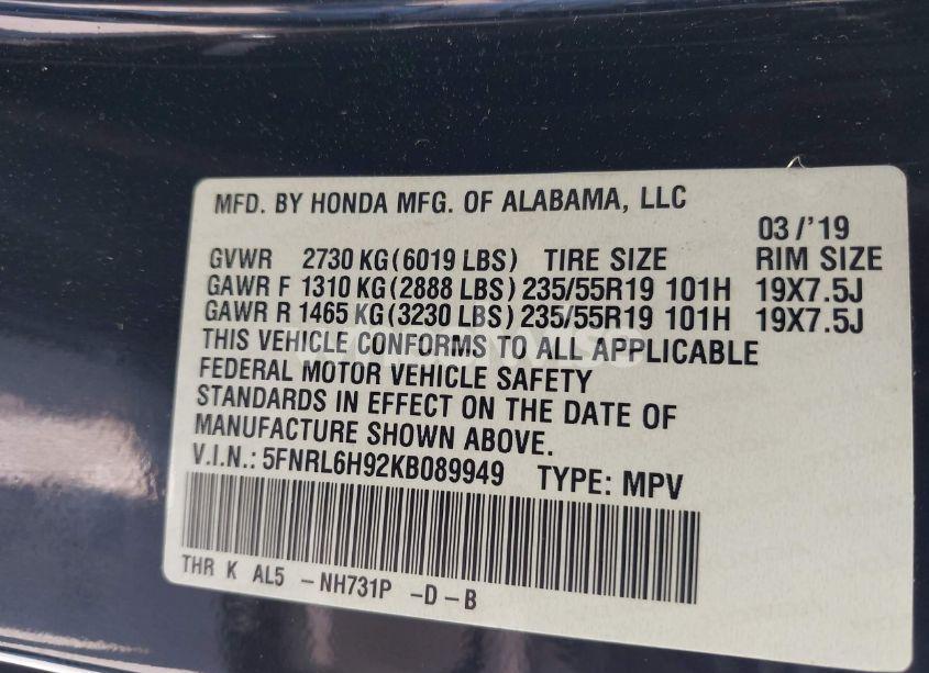 Photo 9 of 2019 Honda Odyssey ELITE (VIN 5FNRL6H92KB089949)