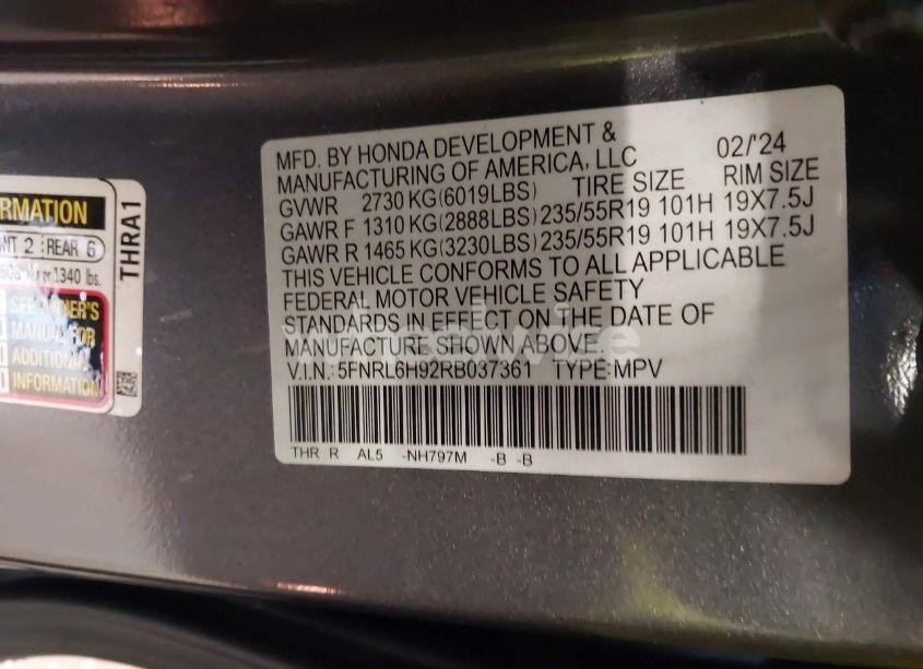 Photo 9 of 2024 Honda Odyssey ELITE (VIN 5FNRL6H92RB037361)