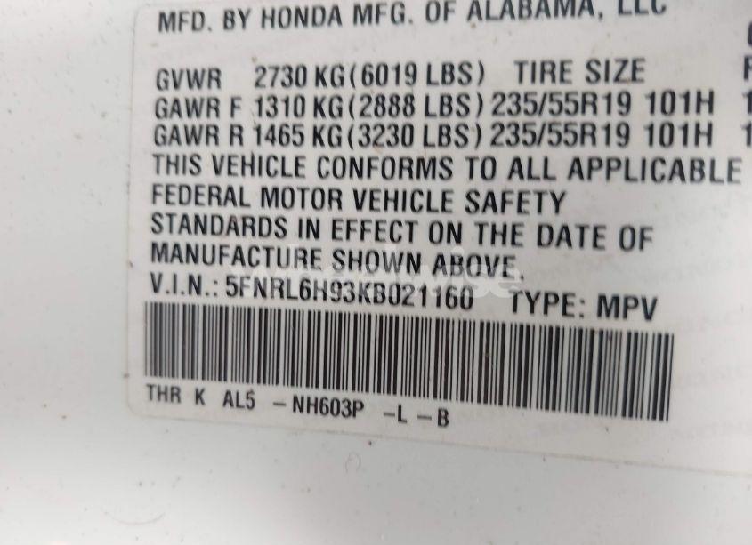 Photo 9 of 2019 Honda Odyssey ELITE (VIN 5FNRL6H93KB021160)