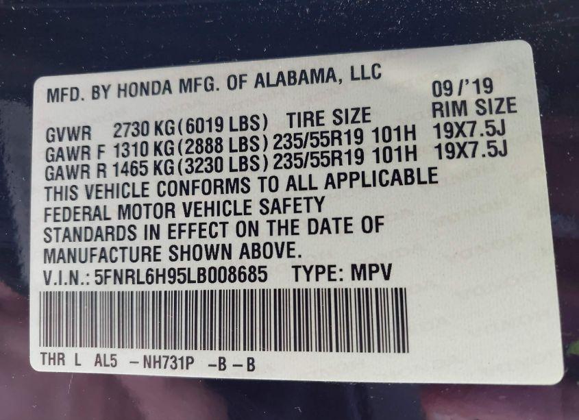 Photo 9 of 2020 Honda Odyssey ELITE (VIN 5FNRL6H95LB008685)