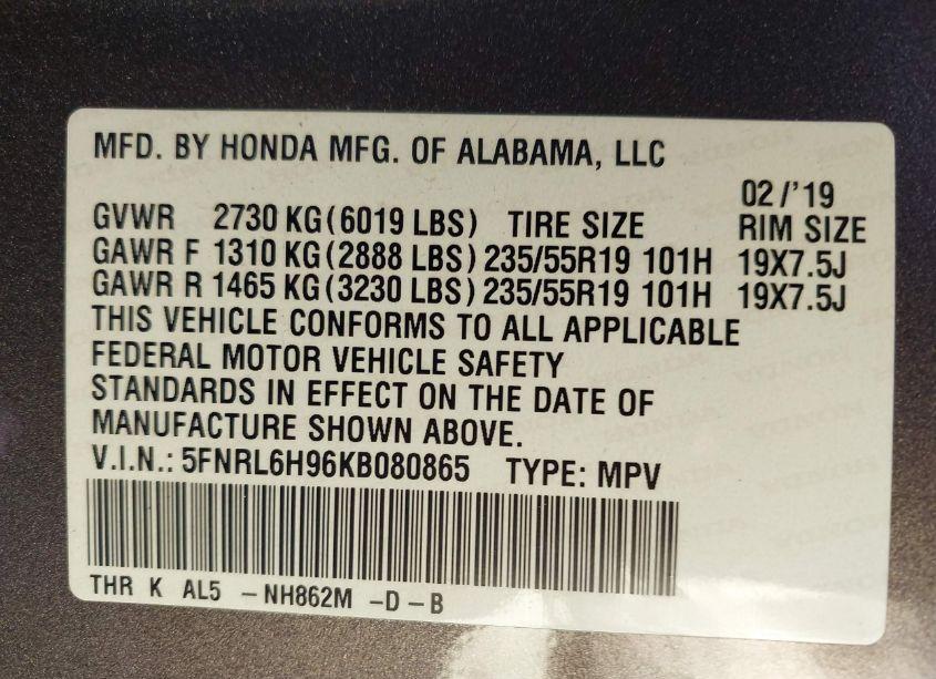 Photo 9 of 2019 Honda Odyssey ELITE (VIN 5FNRL6H96KB080865)