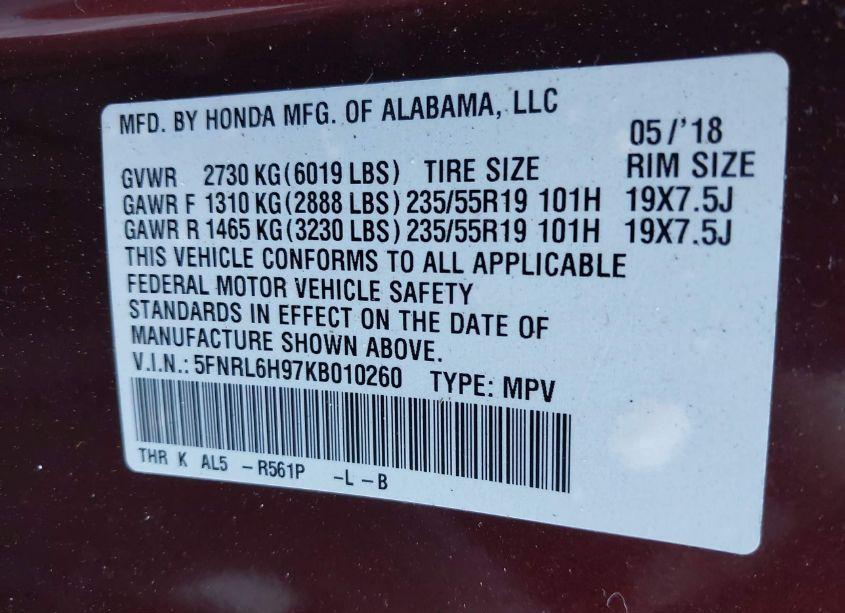 Photo 9 of 2019 Honda Odyssey ELITE (VIN 5FNRL6H97KB010260)