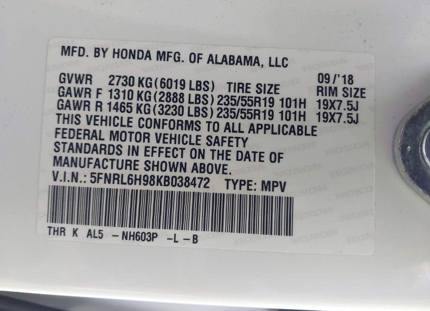 Photo 9 of 2019 Honda Odyssey ELITE (VIN 5FNRL6H98KB038472)