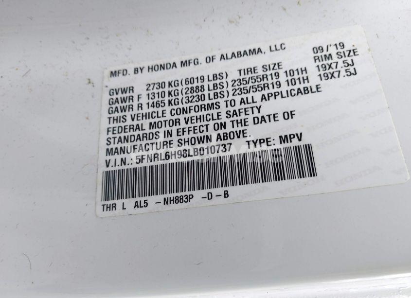 Photo 9 of 2020 Honda Odyssey ELITE (VIN 5FNRL6H98LB010737)