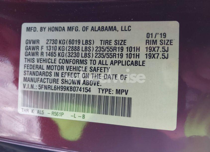 Photo 9 of 2019 Honda Odyssey ELITE (VIN 5FNRL6H99KB074154)