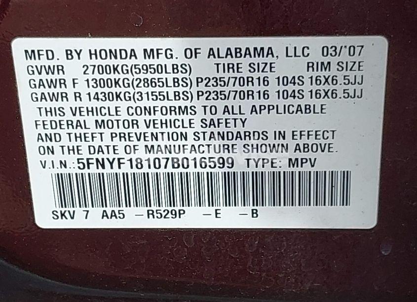Photo 9 of 2007 Honda Pilot LX (VIN 5FNYF18107B016599)