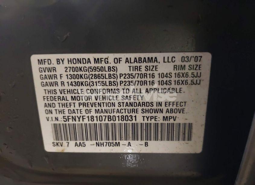 Photo 9 of 2007 Honda Pilot LX (VIN 5FNYF18107B018031)
