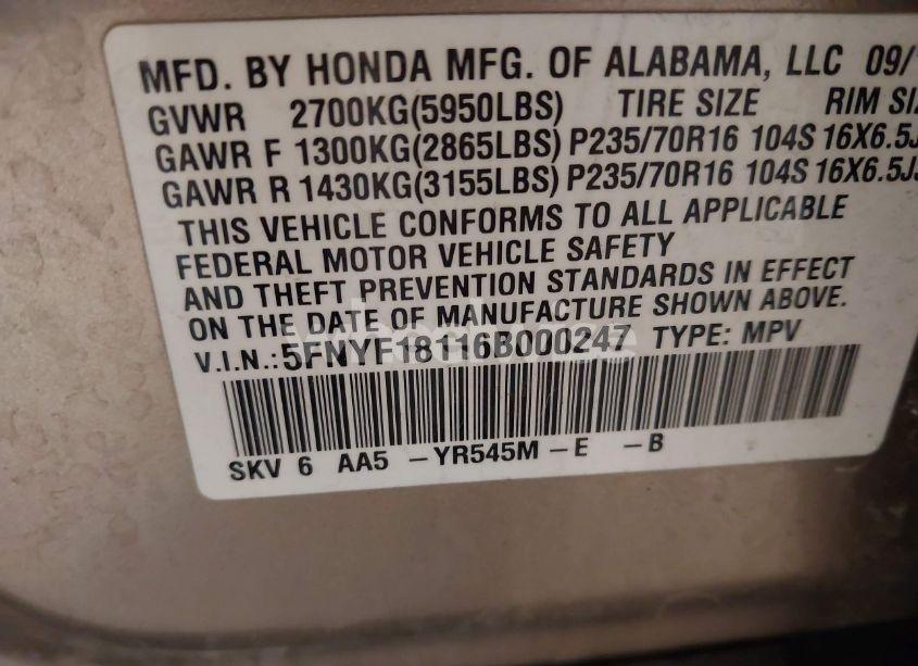 Photo 9 of 2006 Honda Pilot LX (VIN 5FNYF18116B000247)