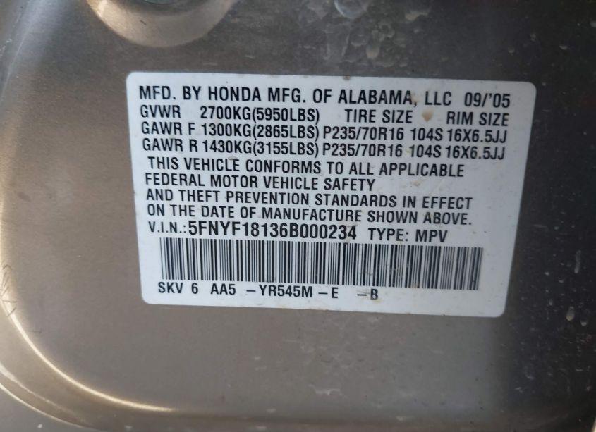 Photo 9 of 2006 Honda Pilot LX (VIN 5FNYF18136B000234)