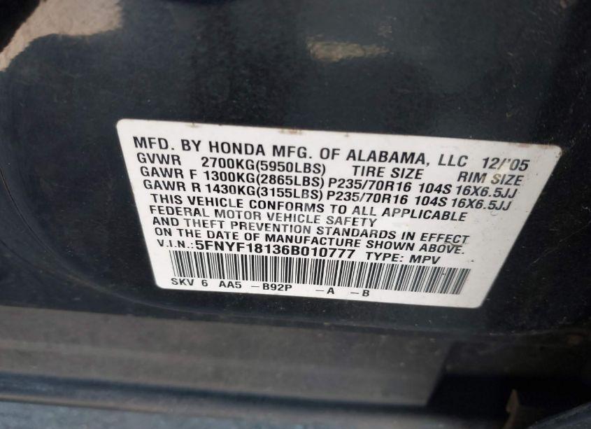Photo 9 of 2006 Honda Pilot LX (VIN 5FNYF18136B010777)