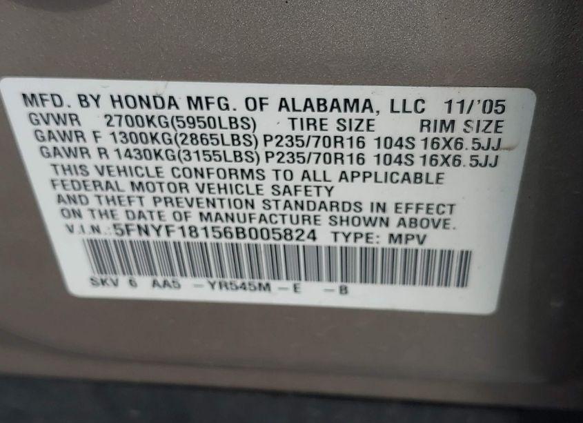 Photo 9 of 2006 Honda Pilot LX (VIN 5FNYF18156B005824)