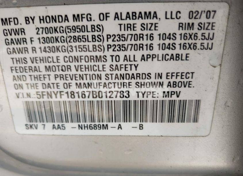 Photo 9 of 2007 Honda Pilot LX (VIN 5FNYF18167B012783)