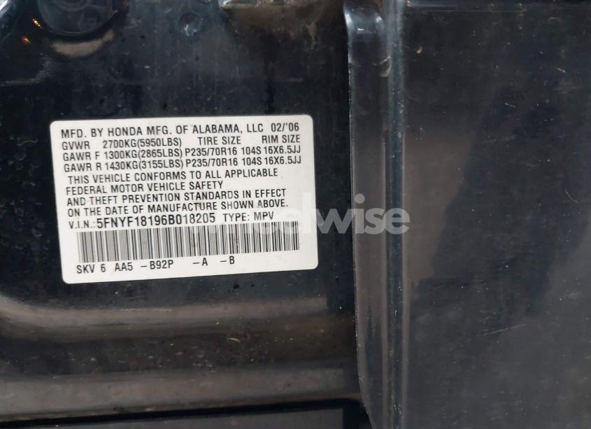 Photo 9 of 2006 Honda Pilot LX (VIN 5FNYF18196B018205)