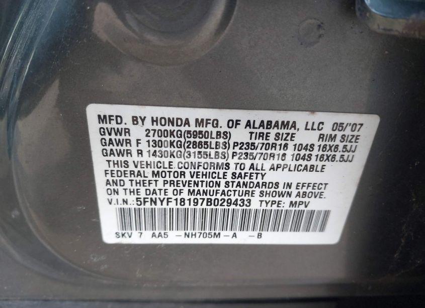 Photo 9 of 2007 Honda Pilot LX (VIN 5FNYF18197B029433)