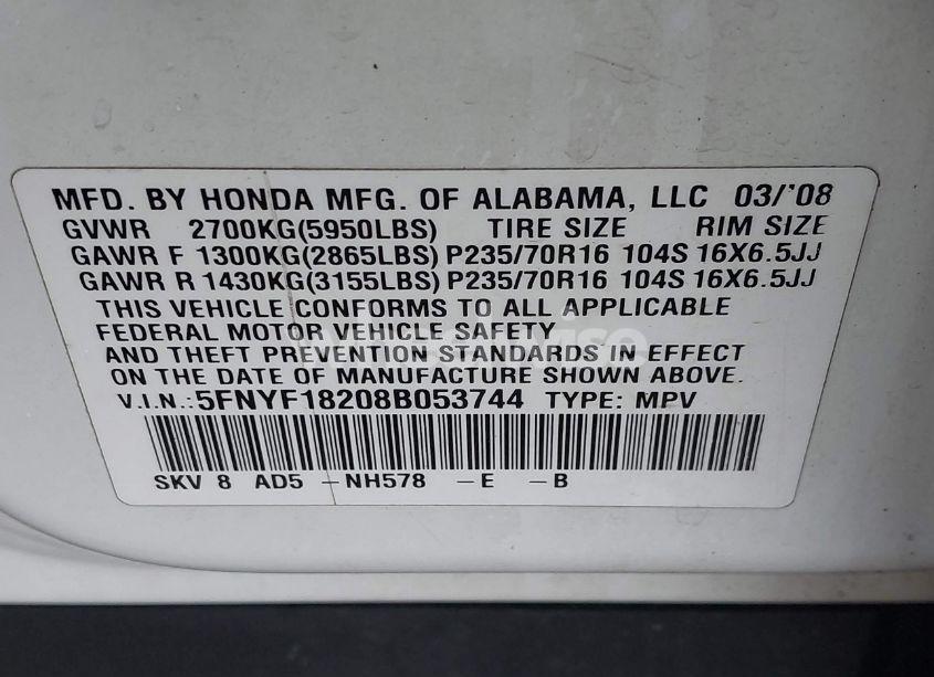 Photo 9 of 2008 Honda Pilot VP (VIN 5FNYF18208B053744)