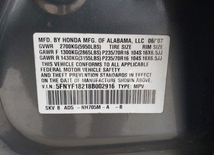 Photo 9 of 2008 Honda Pilot VP (VIN 5FNYF18218B002916)