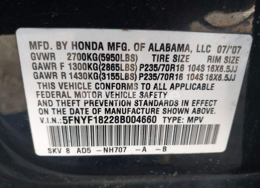 Photo 9 of 2008 Honda Pilot VP (VIN 5FNYF18228B004660)