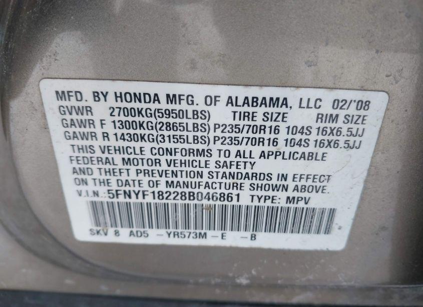 Photo 9 of 2008 Honda Pilot VP (VIN 5FNYF18228B046861)