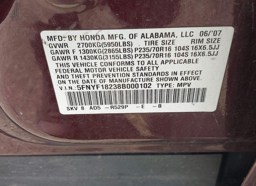 Photo 9 of 2008 Honda Pilot VP (VIN 5FNYF18238B000102)