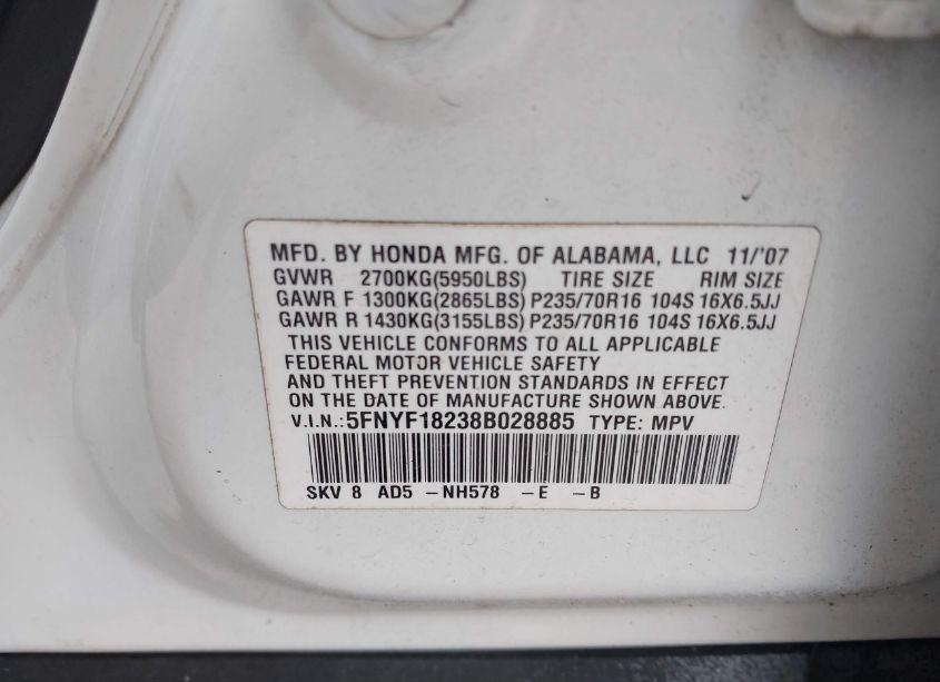 Photo 9 of 2008 Honda Pilot VP (VIN 5FNYF18238B028885)