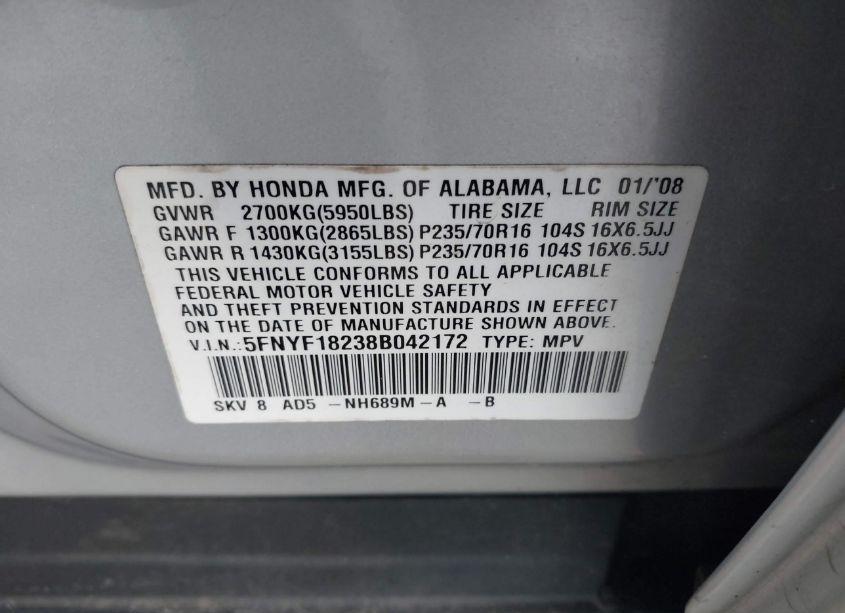 Photo 9 of 2008 Honda Pilot VP (VIN 5FNYF18238B042172)