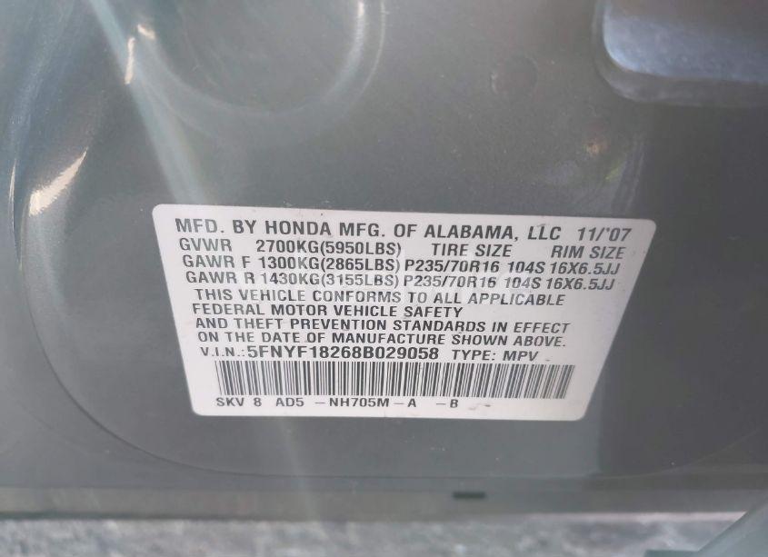 Photo 9 of 2008 Honda Pilot VP (VIN 5FNYF18268B029058)