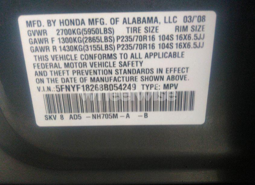 Photo 9 of 2008 Honda Pilot VP (VIN 5FNYF18268B054249)