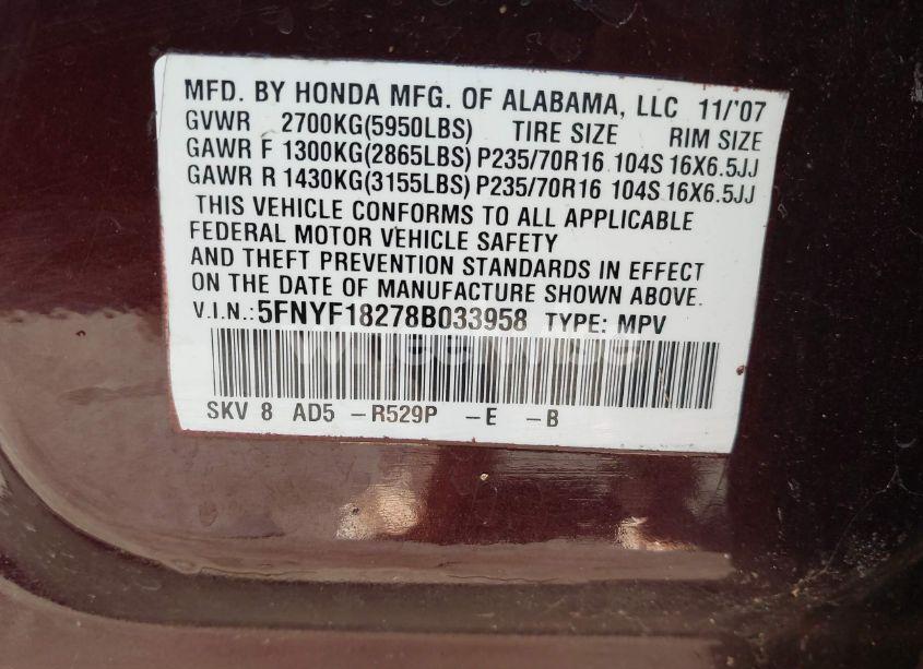 Photo 9 of 2008 Honda Pilot VP (VIN 5FNYF18278B033958)