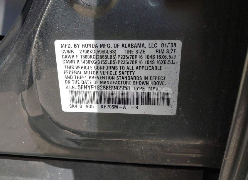 Photo 9 of 2008 Honda Pilot VP (VIN 5FNYF18288B042958)