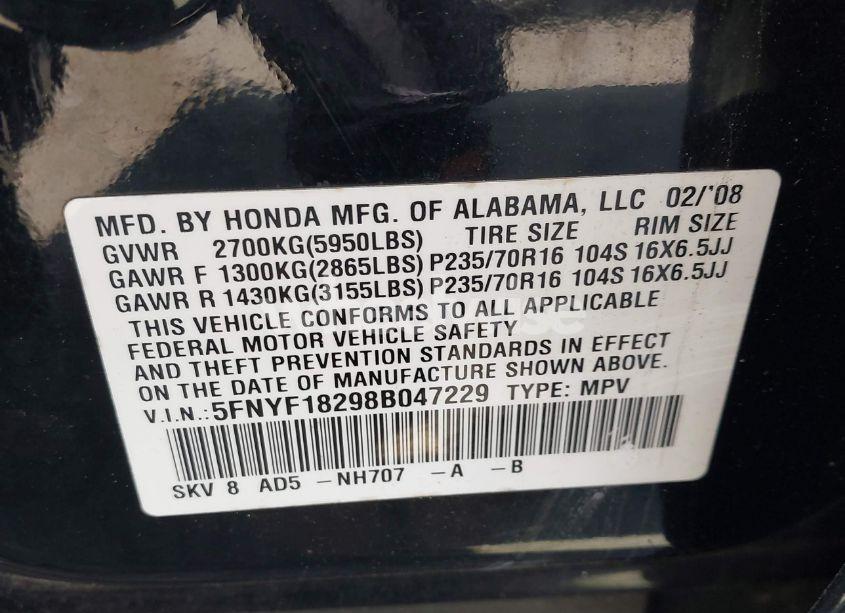 Photo 9 of 2008 Honda Pilot VP (VIN 5FNYF18298B047229)