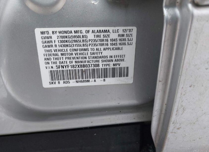 Photo 9 of 2008 Honda Pilot VP (VIN 5FNYF182X8B037308)