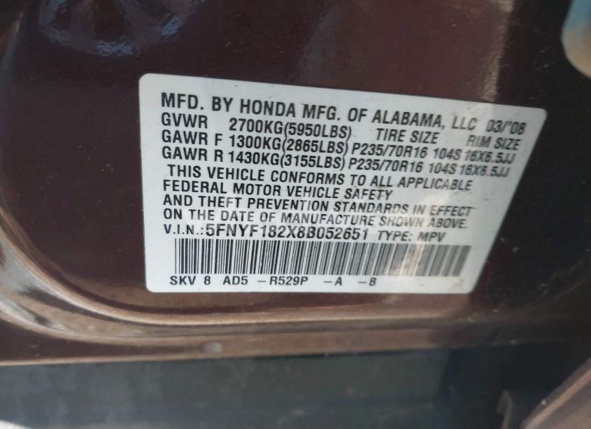 Photo 9 of 2008 Honda Pilot VP (VIN 5FNYF182X8B052651)