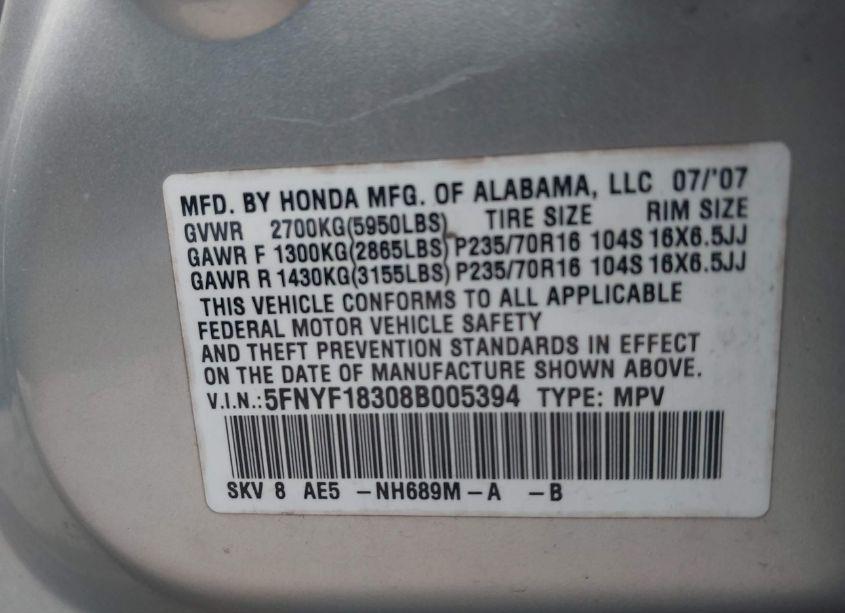 Photo 9 of 2008 Honda Pilot SE (VIN 5FNYF18308B005394)