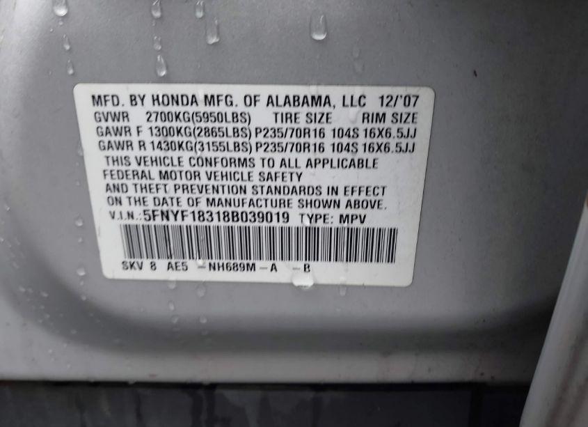 Photo 9 of 2008 Honda Pilot SE (VIN 5FNYF18318B039019)