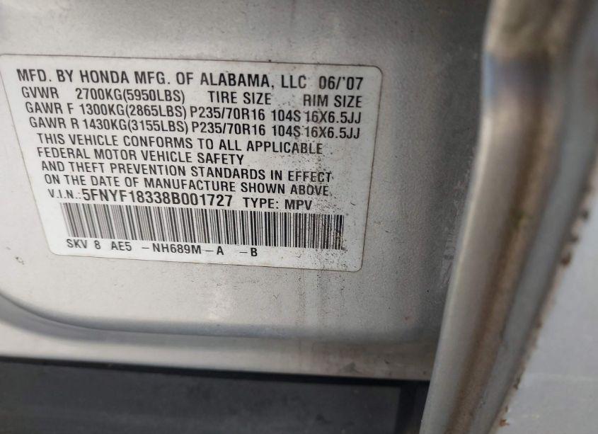 Photo 9 of 2008 Honda Pilot SE (VIN 5FNYF18338B001727)