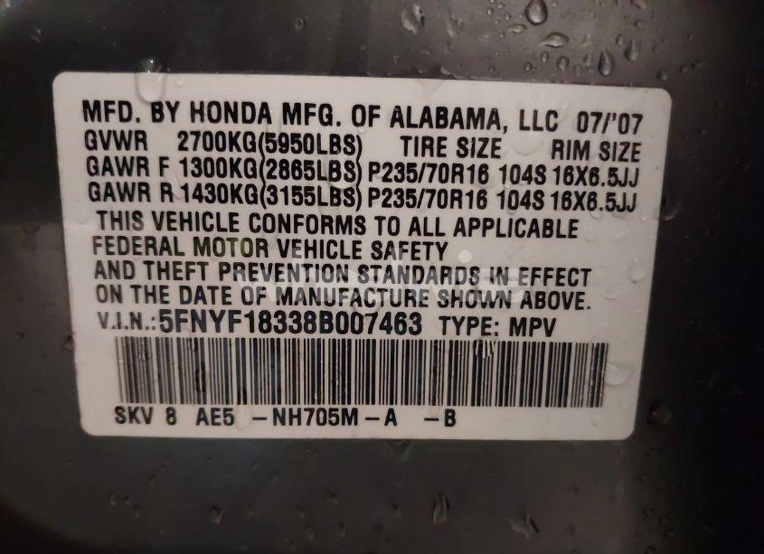 Photo 9 of 2008 Honda Pilot SE (VIN 5FNYF18338B007463)