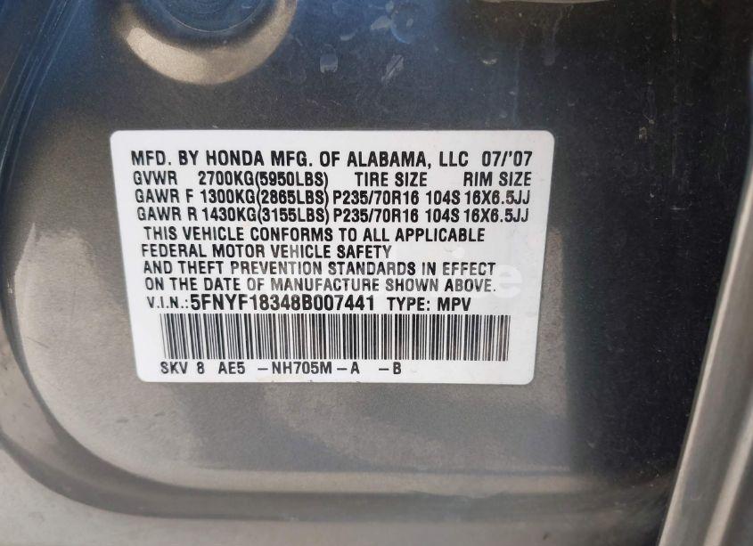 Photo 9 of 2008 Honda Pilot SE (VIN 5FNYF18348B007441)