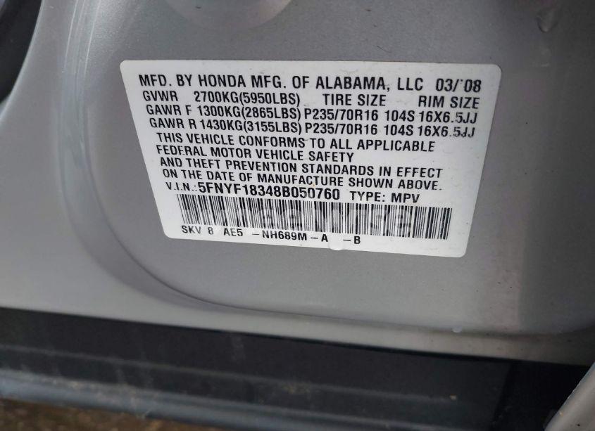 Photo 9 of 2008 Honda Pilot SE (VIN 5FNYF18348B050760)