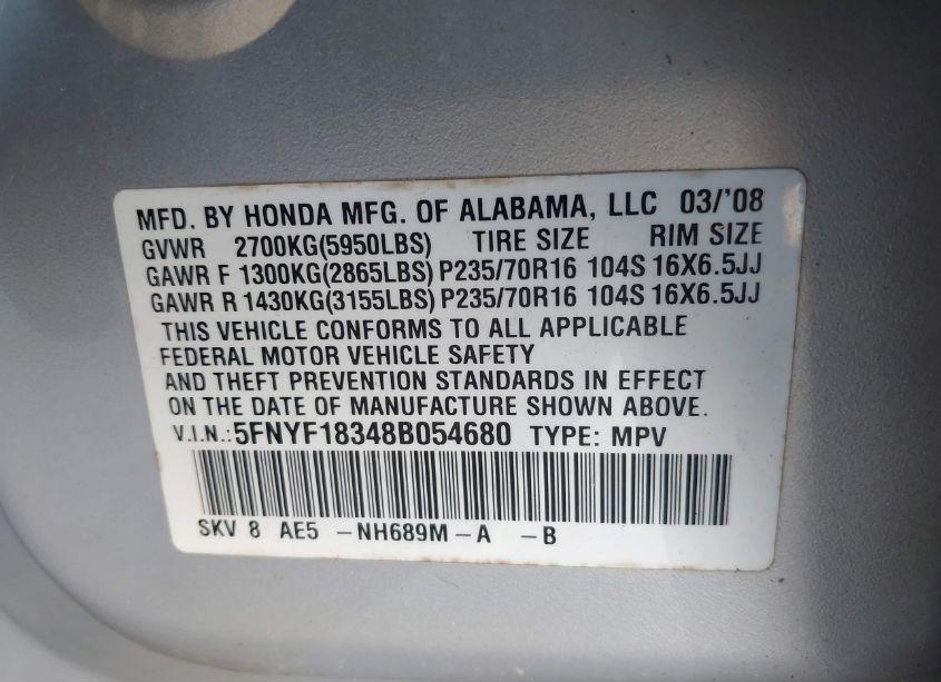 Photo 9 of 2008 Honda Pilot SE (VIN 5FNYF18348B054680)