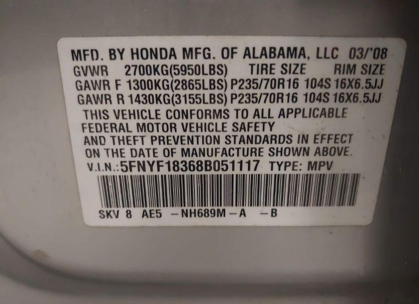 Photo 9 of 2008 Honda Pilot SE (VIN 5FNYF18368B051117)