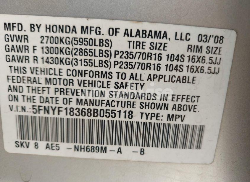 Photo 9 of 2008 Honda Pilot SE (VIN 5FNYF18368B055118)