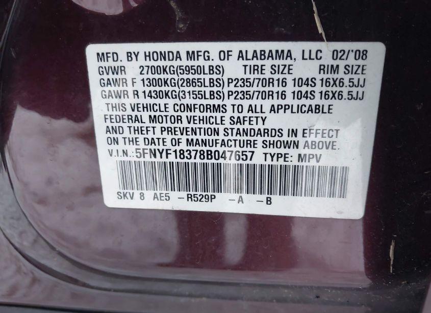 Photo 9 of 2008 Honda Pilot SE (VIN 5FNYF18378B047657)