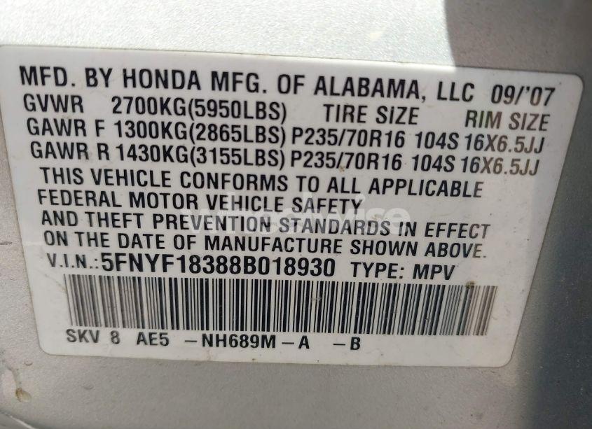 Photo 9 of 2008 Honda Pilot SE (VIN 5FNYF18388B018930)