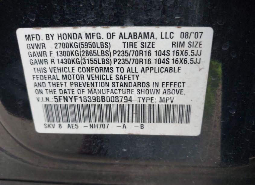 Photo 9 of 2008 Honda Pilot SE (VIN 5FNYF18398B008794)