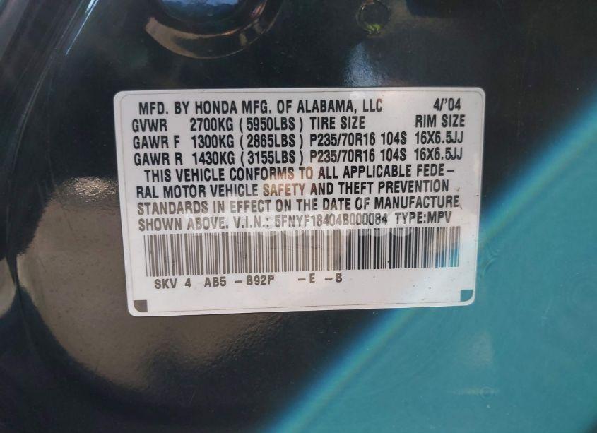 Photo 9 of 2004 Honda Pilot EX (VIN 5FNYF18404B000084)