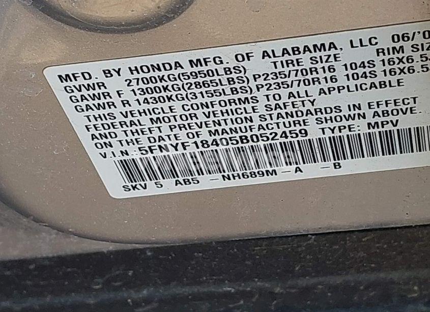 Photo 9 of 2005 Honda Pilot EX (VIN 5FNYF18405B052459)